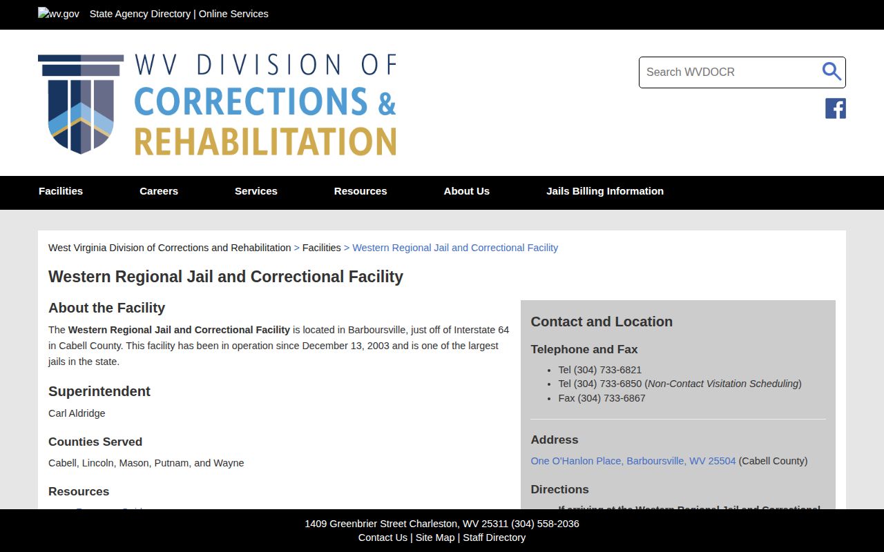Western Regional Jail and Correctional Facility release records source for Cabell County